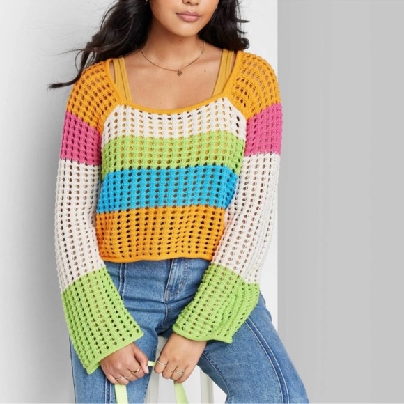 wild fable Tops - Crochet Knit Colorfull Sweater Womens XXS Wild Fable Bathing Suite Coverup Beach